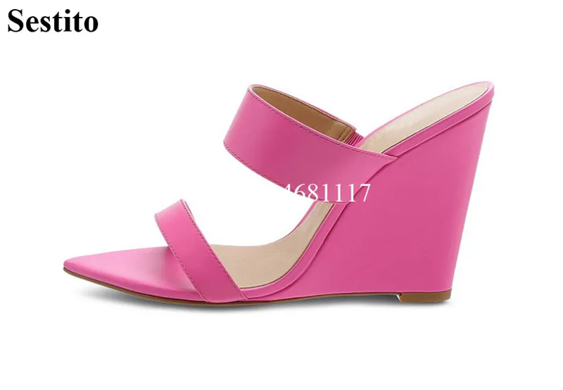 

Summer Pointed Toe Wedges Sexy High Heel Women Slippers Fashion Solid Pink Color Sample Women Shoes High Quality