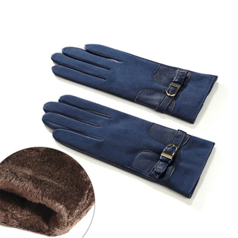 Новинка, женские перчатки из натуральной кожи, женские модные перчатки с металлической пряжкой, осенне-зимние замшевые перчатки из овчины с плюшевой подкладкой, 3306 - Цвет: Dark Blue