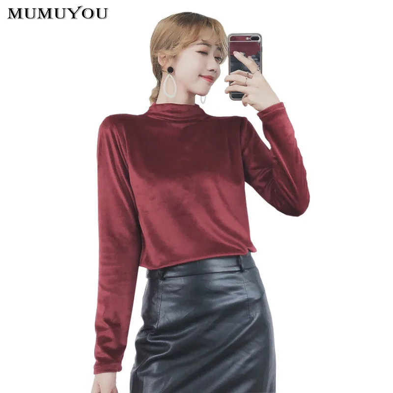 Сладкий Для женщин велюр Обтягивающая футболка с длинными рукавами водолазка майку Топ пуловер Повседневное осень-зима 912-698