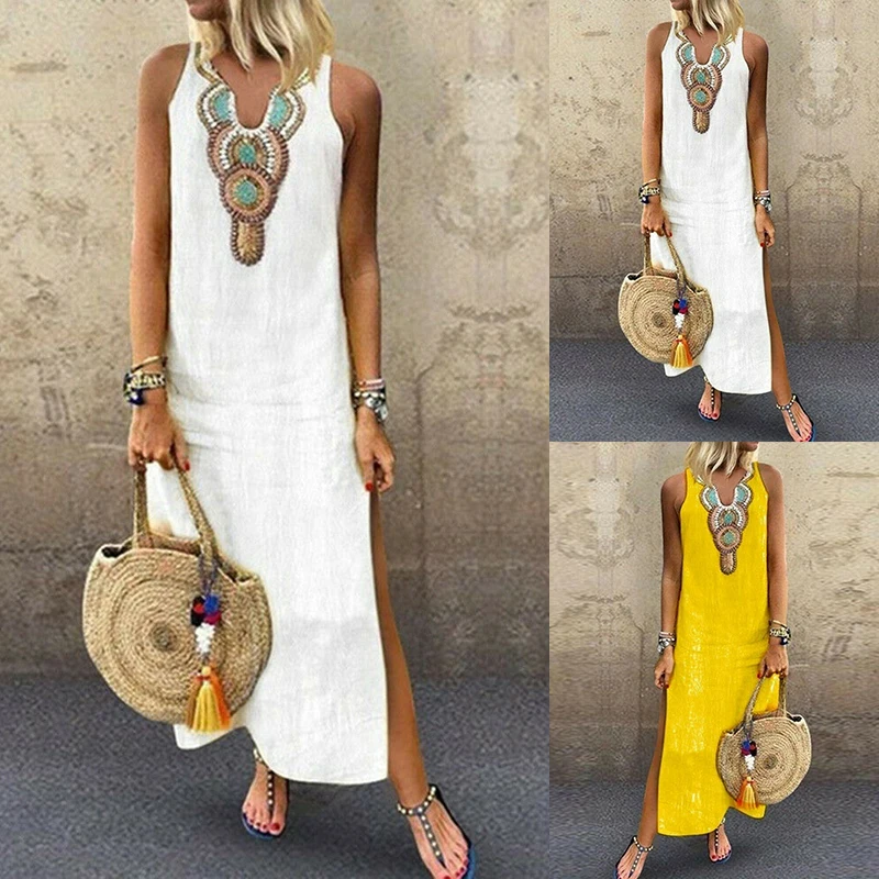 2019 Women Summer Linen Sundress Sexy Split Hem Maxi Dress Sleeveless V-Neck Baggy Dresses Ladies Kaftan Boho Dress Vestidos