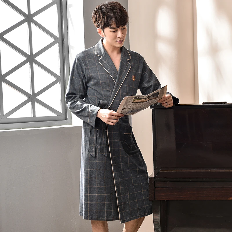 New Plus Size Bathrobe Male Plaid 100% Cotton Trendy Bath Robe Classy Kimono Men Kimono Hombre Good Quality Brand Yukata For Men