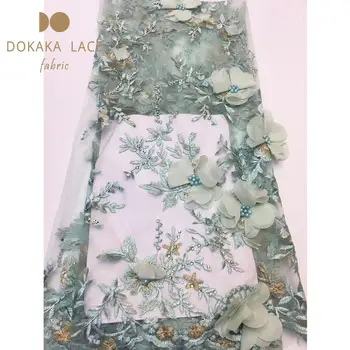

3D Flower Fabric With Beads Stones Nigerian 2019 Fashion Style For Evening Party Dress Sewing Embroidery Beads Mesh Material