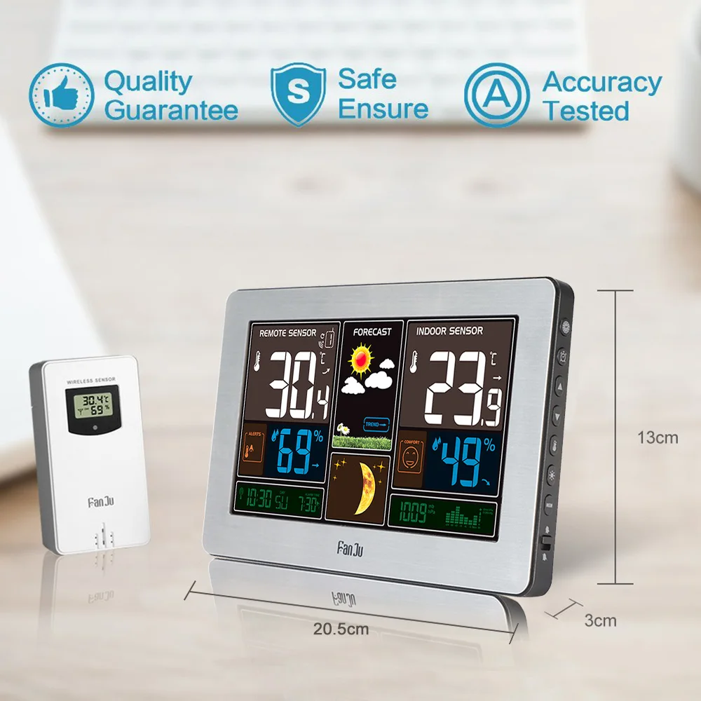 FanJu FJ3378 Wireless Weather Station Wall Digital Clock Barometer Thermometer Hygrometer Sensor Forecast Colorful LCD Display thermometer hygrometer digital thermometer temperature and humidity meter digital wall clock temperature sensor hygrometer thermometer