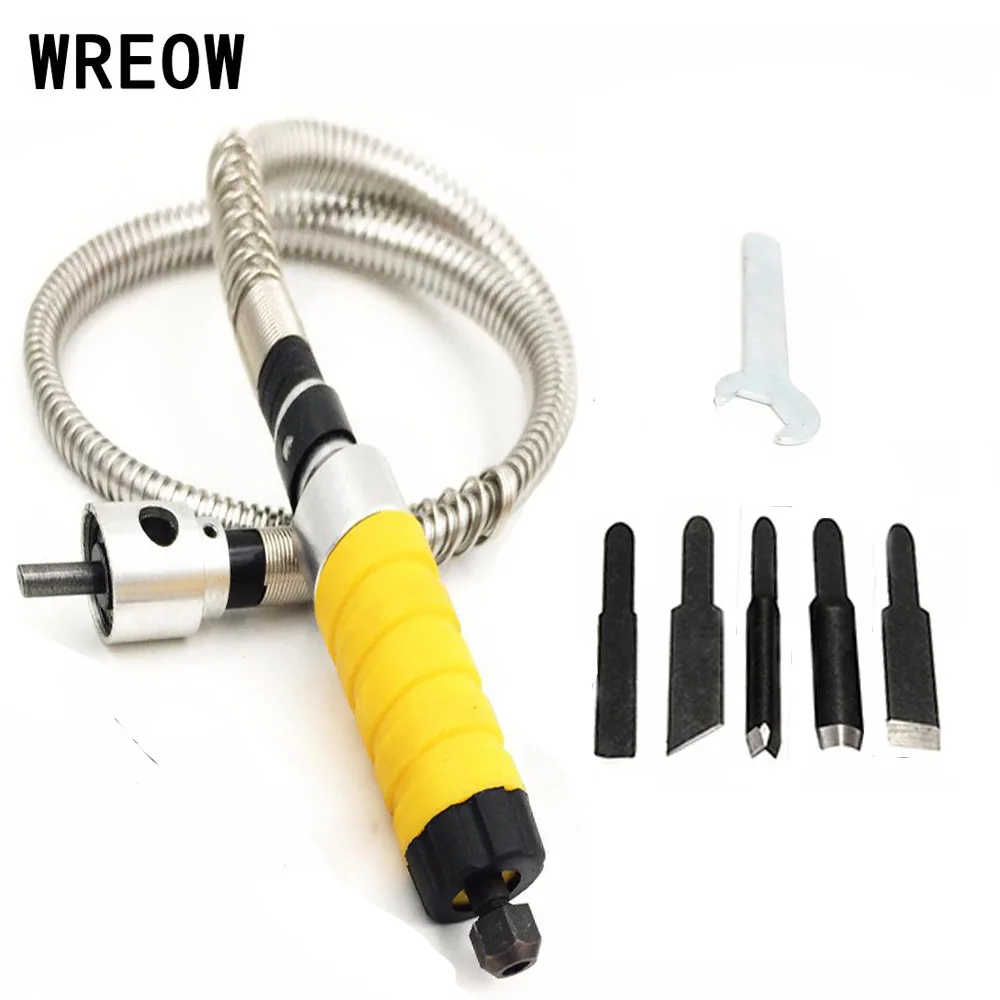 Electric Woodworking Engraving Flex Shaft Woodwork Chisel Carving Tool W/5 Carving Blade Wrench Tip Soft Tube Hand Tools Set