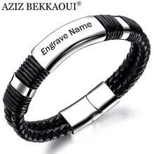 AZIZ BEKKAOUI DIY мужской черный кожаный браслет выгравированное имя браслеты из нержавеющей стали Панк воловья кожа Браслет Мужской винтажный подарок