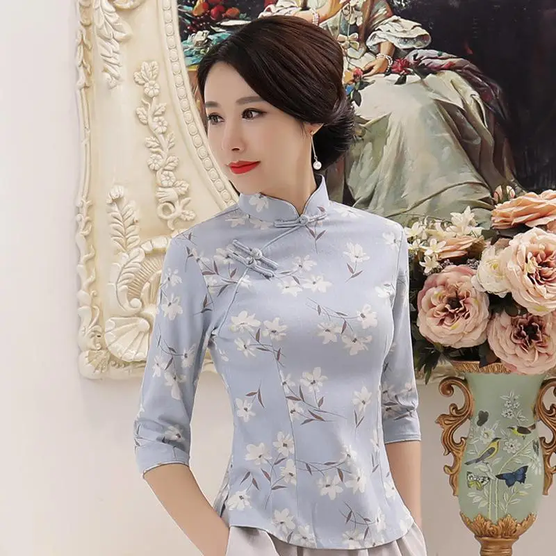 Летняя рубашка в винтажном китайском стиле, женская блузка с воротником-стойкой, женская одежда, короткое платье Ципао, размер S-XXXL - Цвет: style 1