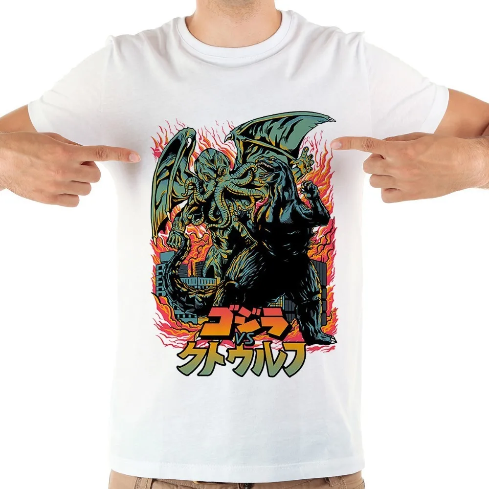 Мужская футболка Cthulhu fight kaiju белая Повседневная с мангой японское аниме лето