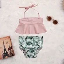 Летний детский купальный костюм для маленьких девочек, бикини с цветочным узором, детский купальный костюм, 2 предмета, топ с бретельками+ шорты в полоску, купальный костюм, пляжная одежда