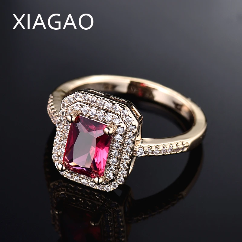 

XIAGAO Luxury Square Rose Red Crystal Gold-color 4 Prongs Setting Clear Cubic Zircon Pave Women Rings Fashion jewellery R306