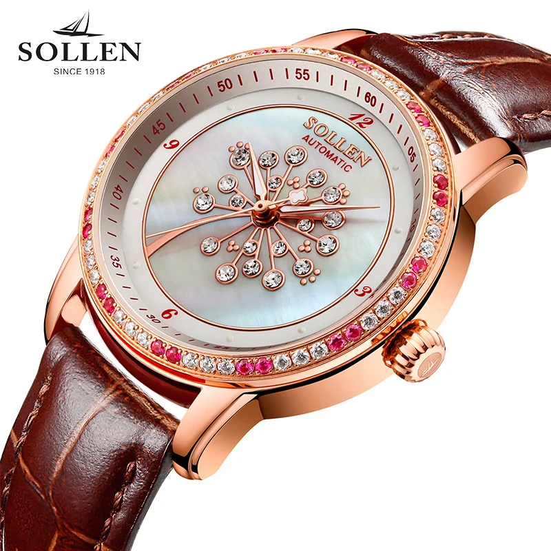

luxury brand watches women best gift automatic mechanical Romantic dandelion diamond sapphire Italian calfskin wristwatch clock