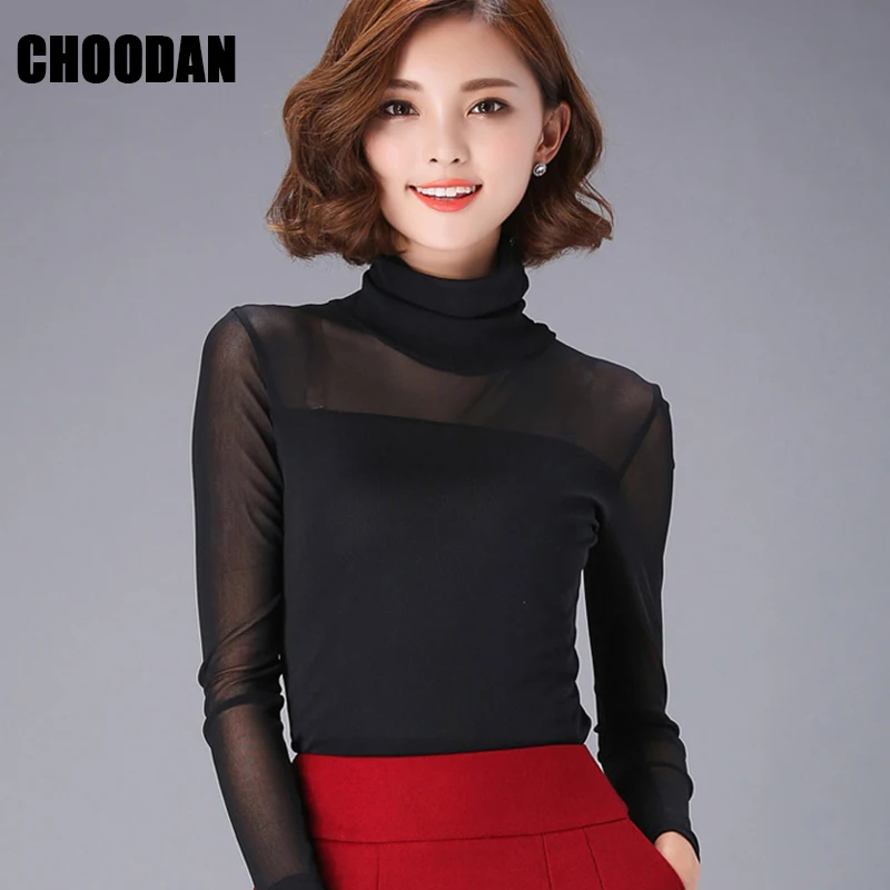 Black Blouse Women Full Sleeve Tops Long Sleeve Autumn 2018 Korean Fashion Turtleneck Sheer Mesh