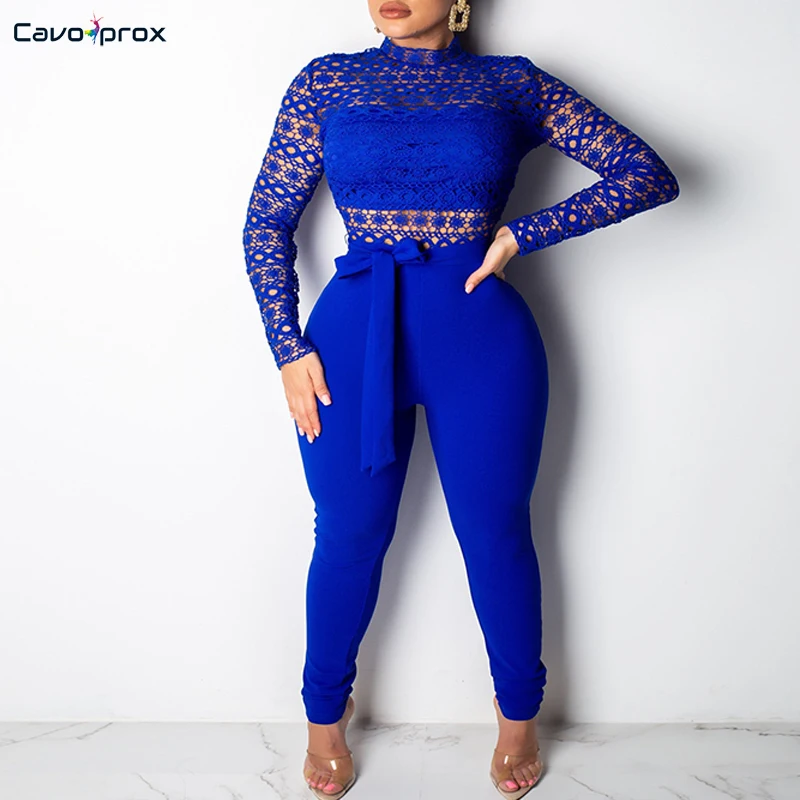 

Women Lace Insert Wrap Belt Bodycon Long Sleeve Jumpsuits Sexy & Club Skinny Solid Plus Size Spring Fall Slim Fit Jumpsuits
