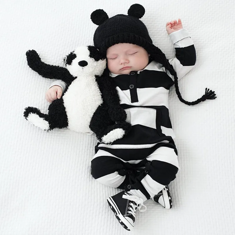 

0-2 year old striped jumpsuit black and white striped jumpsuit pocket jumpsuit