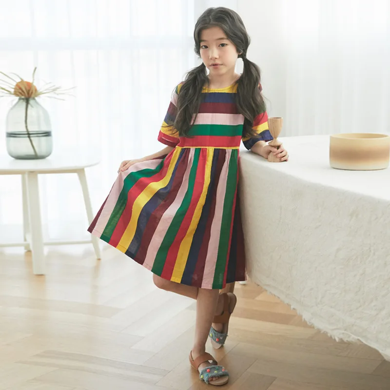 Брендовое платье принцессы для малышей; лето г.; новое Радужное платье для девочек; детское платье для отдыха; одежда для малышей; плиссированная хлопковая одежда;#5007