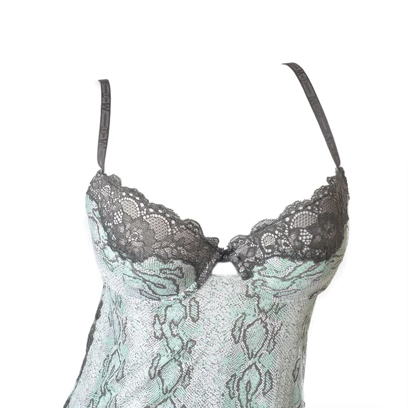 

new arrival women underwear sexy lingerie camisoles 3/4 push up cup deep V green leopard print microfiber long slip plus size