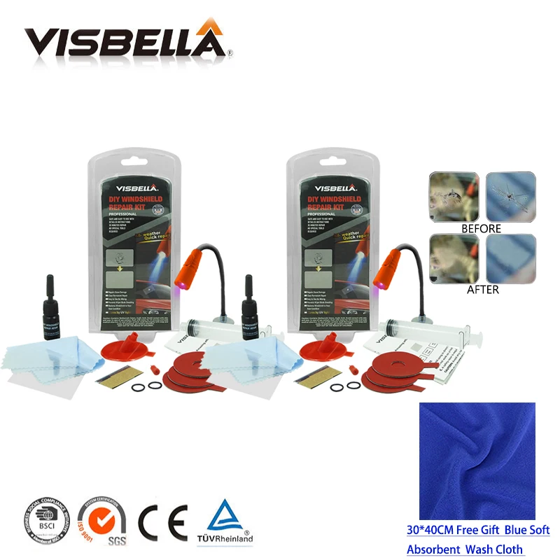 VISBELLA 2 шт. Набор для ремонта ветрового стекла автомобиля с тряпочкой чип трещины