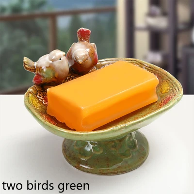 Европейский Винтажный Цвет Окрашенные Ангел олень Улитка Сова Птицы дизайн керамический мыльница Ключи брелок для хранения тарелка чаша - Цвет: two birds green