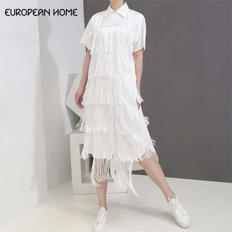 

2019 New Spring Summer Dress women Lapel Short Sleeve Irregular Shirt Dress White Tassels Plus Size Women Dresses Fashion 997