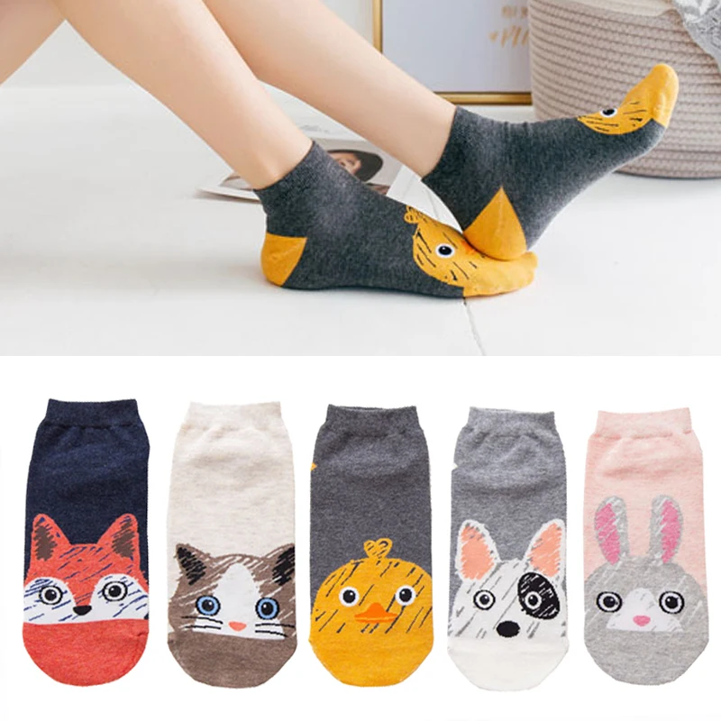 

5 Pairs/Lot New Short Socks Women Cute 3D Cartoon Animal Print Women's Cotton Socks Invisible Ankle Socks