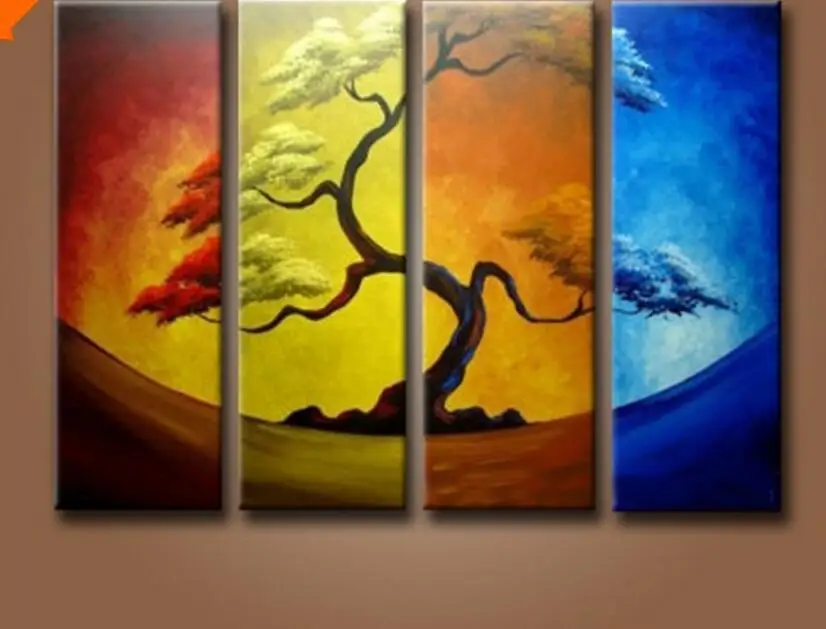 Beautiful 4 panels canvas art abstract tree oil painting for kids room