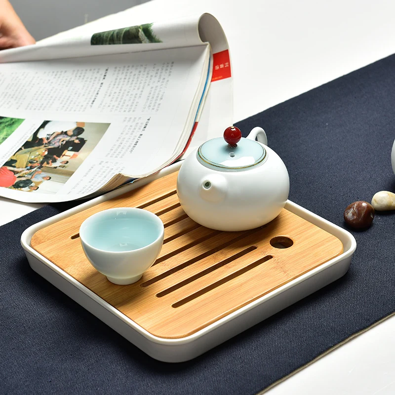 Ceramic Oolong Tea Set Quality Gift Bamboo Tea Tray Round and Square