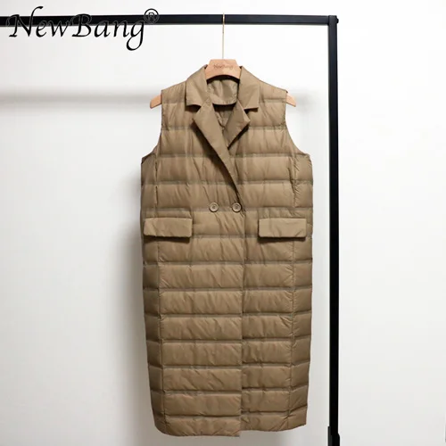 Хаки NewBang M L XL длинный жилет женский светильник пуховые жилеты отложной теплый открытый весна осень - Цвет: Хаки