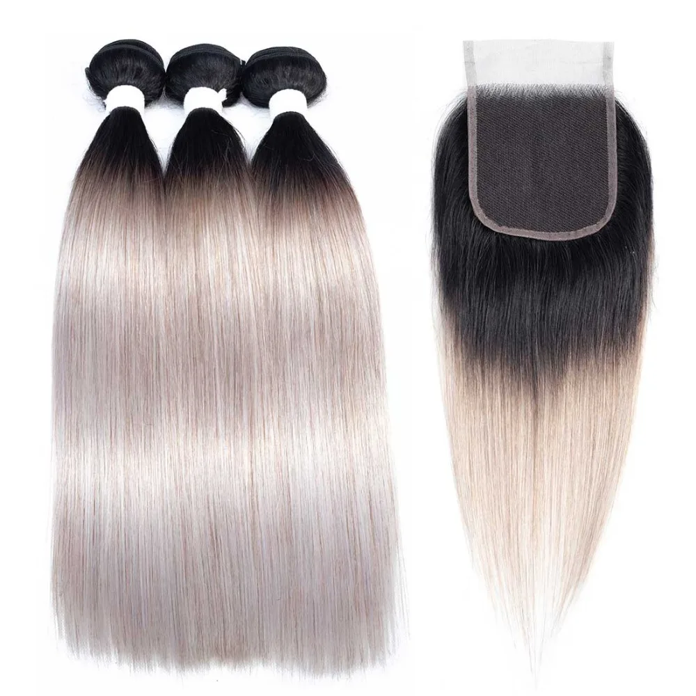 

OT Silver Pre-colored Indian Straight Hair Bundles With Closure Ombre Human Hair Bundles With Closure 3 Bundle With Closure Remy