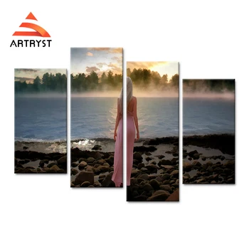 

4 Panel Modular Modern Home Decor Art Wall HD Printed on the beach Sexy woman hand painted picture Canvas painting for bedroom