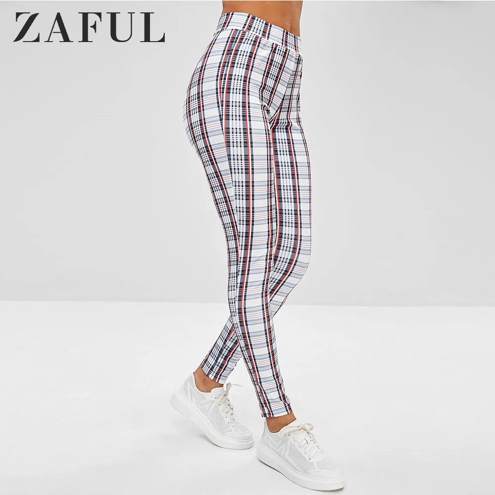 ZAFUL Плед Ponte Брюки Полная Длина Высокой Талией Карандаш Эластичная Талия Уличной