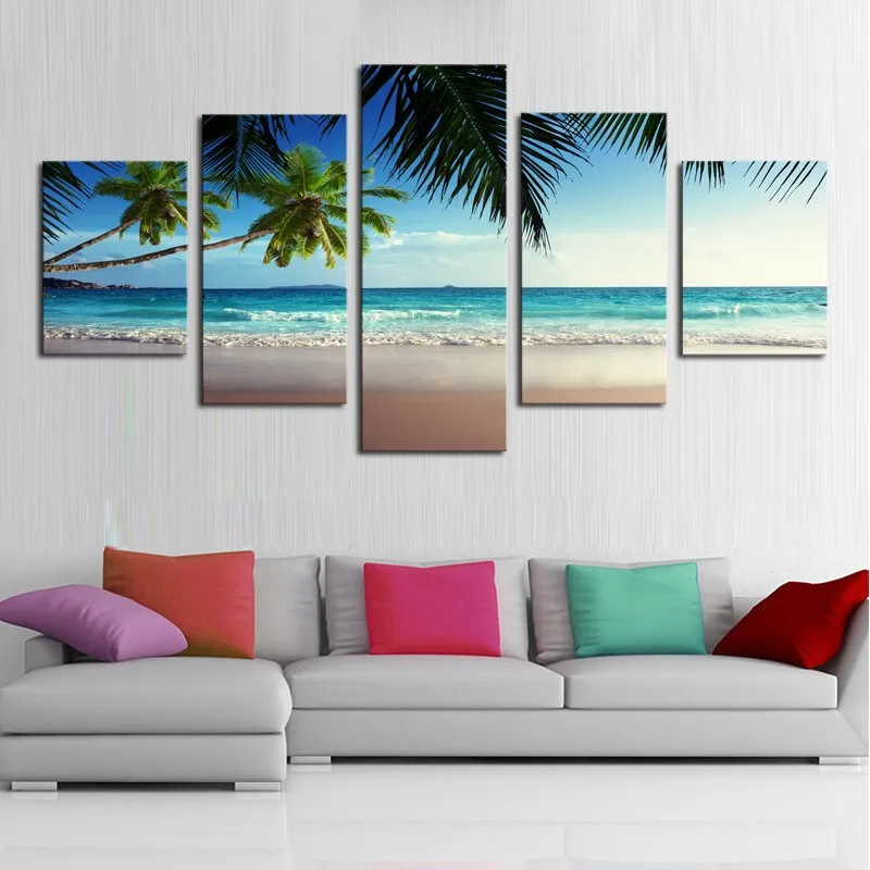 

Pictures Frame Home Decor Printed Poster 5 Pieces Coconut Tree Blue Sky And Ocean Beach Seascape Wall Art Canvas Painting PENGDA