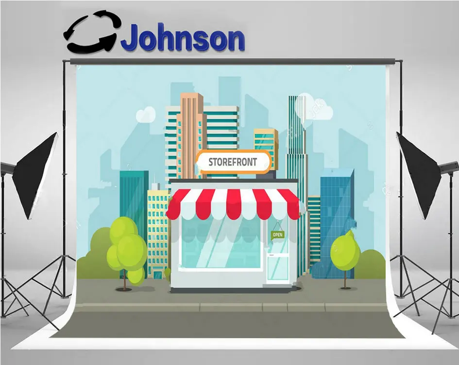 Фон для детской фотосъемки с изображением магазина здания города улицы пейзажа