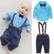 Синяя рубашка в клетку с галстуком-бабочкой для новорожденных и маленьких мальчиков, штаны на подтяжках, брюки, мягкая одежда, комплект из 2 предметов