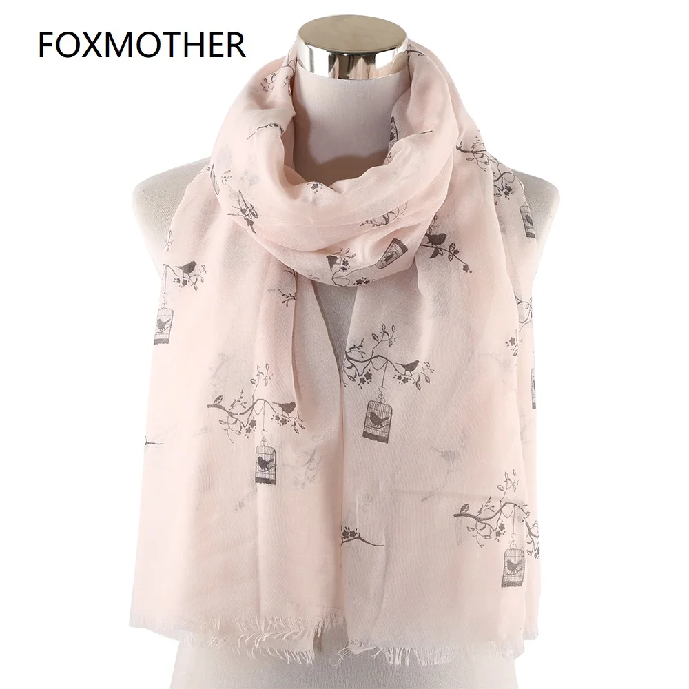 

FOXMOTHER New Fashion White Pink Color Bird on Branch Birdcage Foulard Femme Scarves Birds Moda Mujer 2019