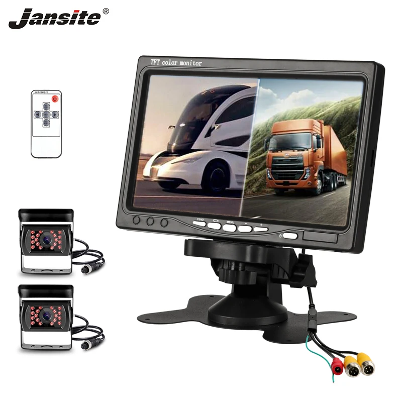 

Jansite 7'' Car Monitor HD Car Screen 2 Split Screen PAL NTSC 2 Video Input Remote Control Intelligent CPU 4 PIN Reverse Camera