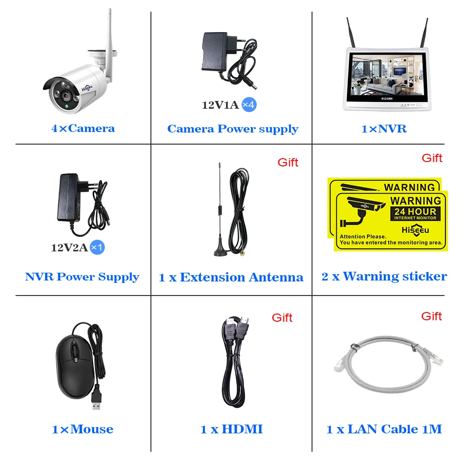 12 ''Displayer 4 шт. 1080P Беспроводная CCTV IP камера система 4CH NVR wifi видеонаблюдение