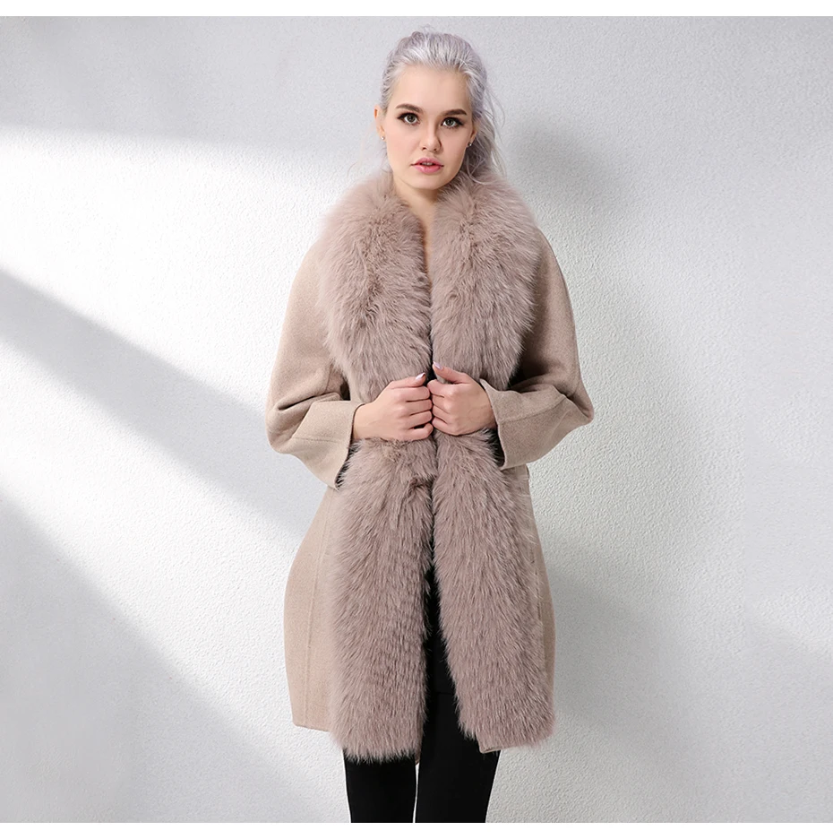 JELUDA Hot Sale Cashmere Coat Women Scarf Collar With Natural Real Fox Fur Real Fur Coat Genuine Leather Jacket Women Overcoat