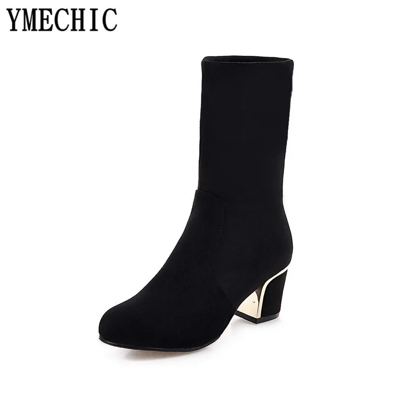 YMECHIC/Коллекция года; сезон осень-зима; складывающиеся ботильоны из флока без застежки на высоком квадратном каблуке; женская обувь; цвет черный, синий; большие размеры