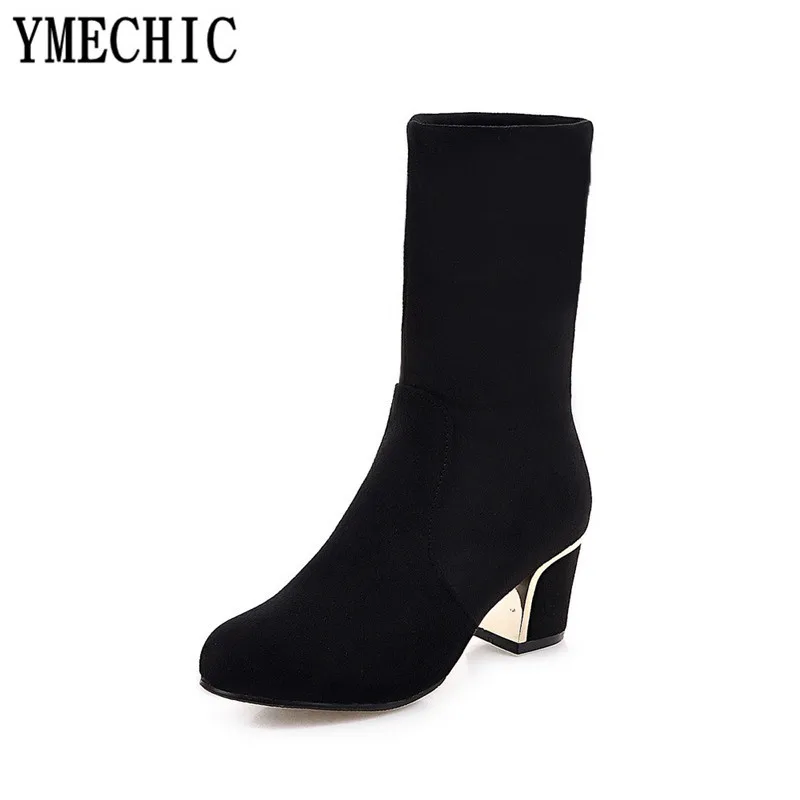 Женские флоковые ботильоны YMECHIC осенне зимние складные полусапожки на блочном
