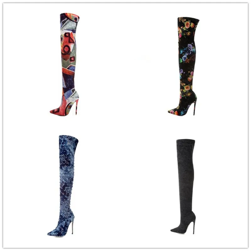 

2018 European and American new style model show over the knee boots pointed toe thin heels long boots flora slim women's shoes