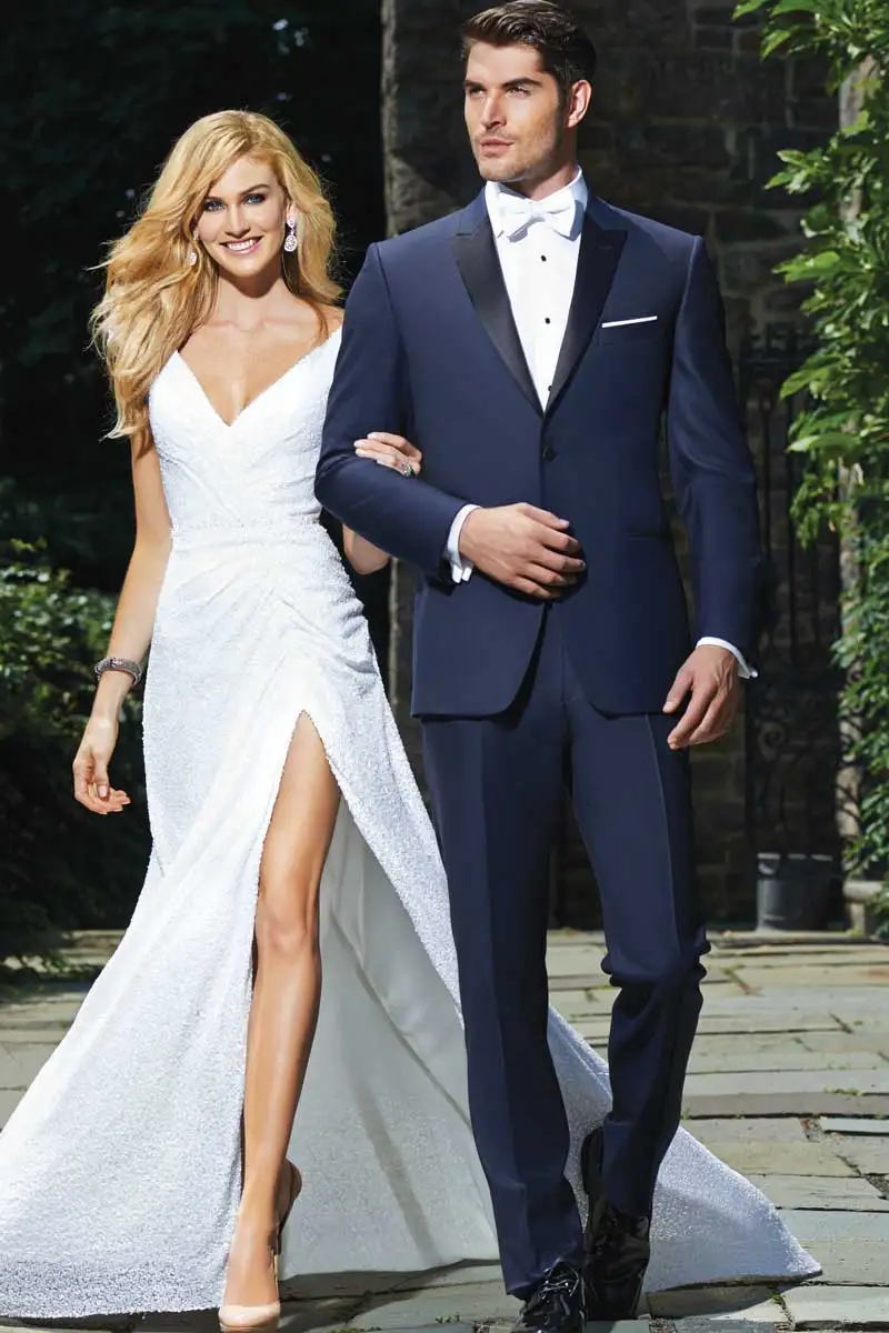 

Suits Men 2018 Custome Homme Marriage Mens Wedding Suits Navy Blue Slim Fit Men Blazer Jacket Black Satin Peaked Lapel 2 Pieces