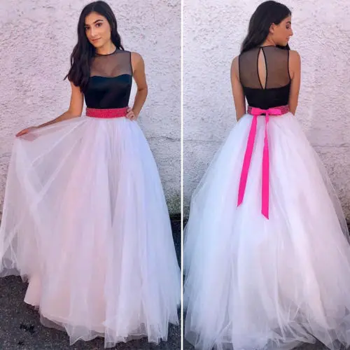 

Women Long Sexy Sleeveless O-Neck Tulle Patchwork Sashes Drawstring Evening Party Ball Gown Formal Dress