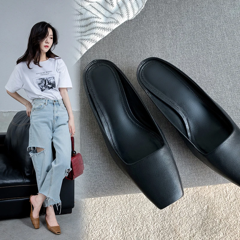 

INS hot women's slippers Genuine Leather shoes 22-24.5 cm summer flip Fish mouth toe Stone pattern Hot in Europe and America