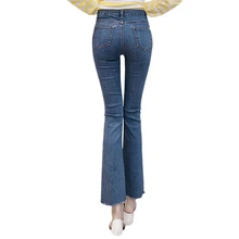 Весна зима модные джинсы женские с высокой талией Peal расклешенные джинсы на молнии с пуговицами с разрезом узкие джинсовые брюки женские синие брюки