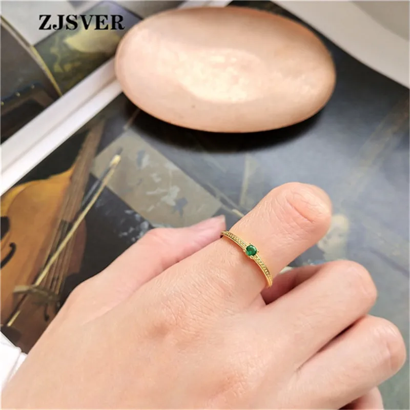 

ZJSVER 925 Sterling Silver Rings Golden Korea Style Simple Green Crystal Women Ring For Party Present Wholesale Jewelry