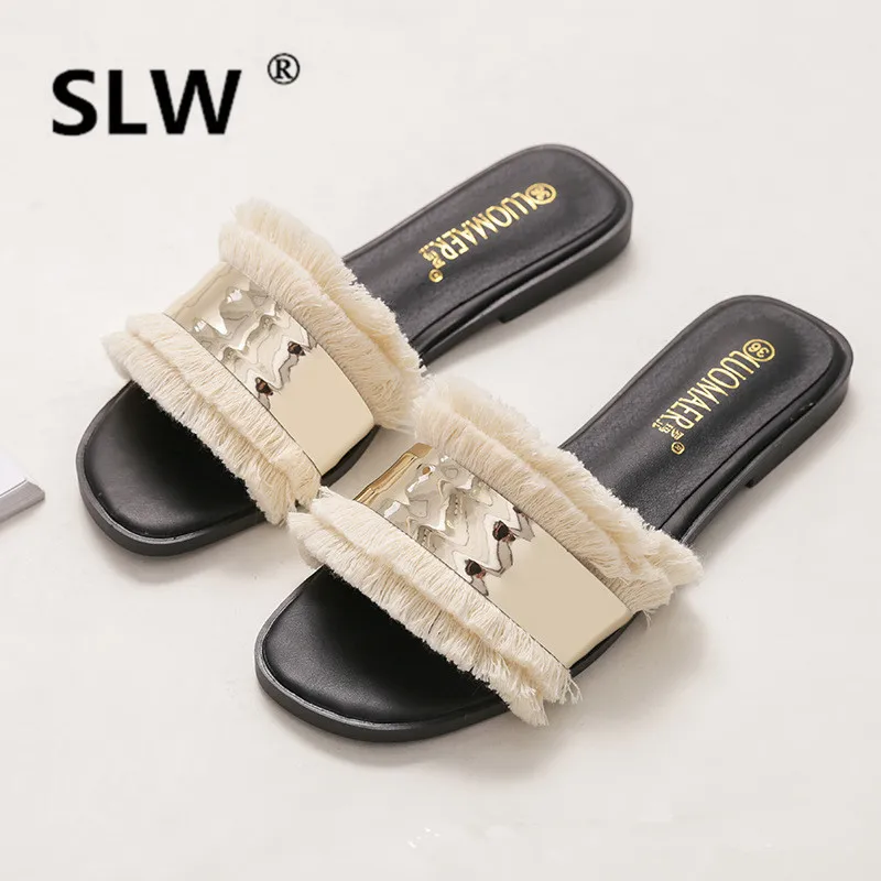 

Slides fur funny Square heel Flat women Low soft open toe summer slipper plus size Flock Butterfly-knot furry fuzzy woman peep