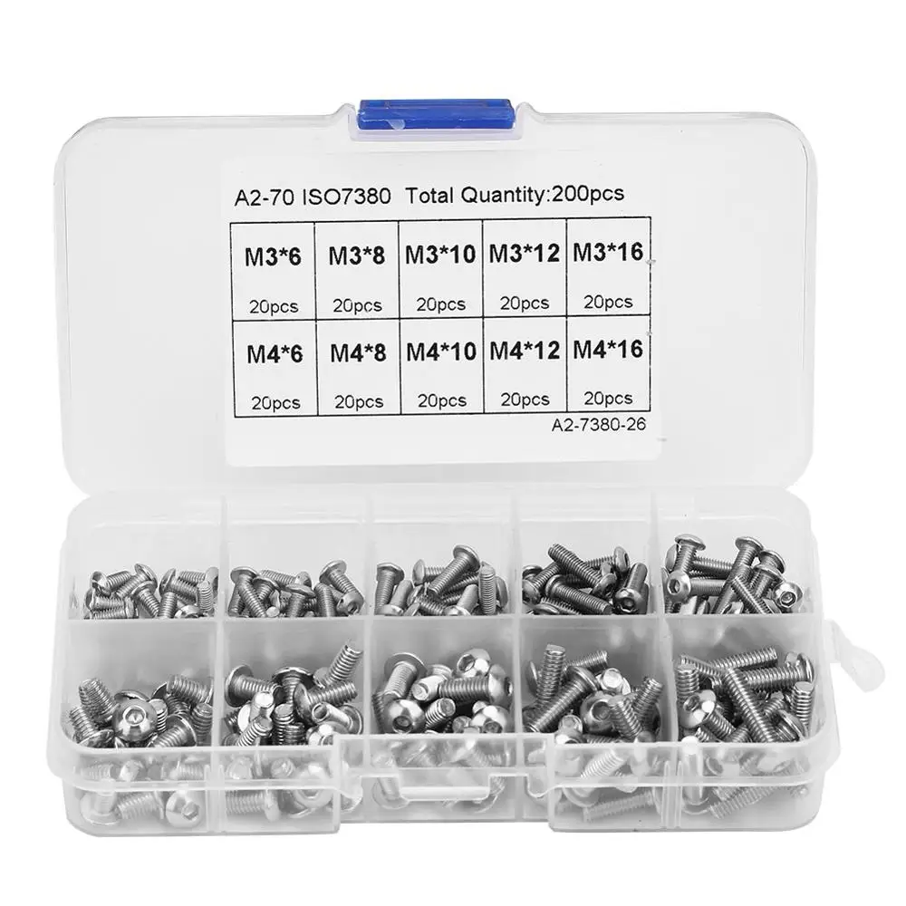 

200Pcs/set M3 M4 Hex Socket Head Screw Set Stainless Steel Screws Socket screw kit tornillos para madera