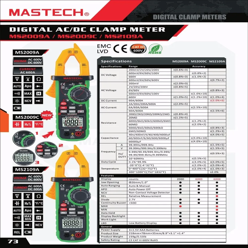 Mastech MS2109A Автоматический диапазон цифровой AC DC Клещи 600A мультиметр Вольт Ампер Ом Гц температура емкость тест er NCV тест