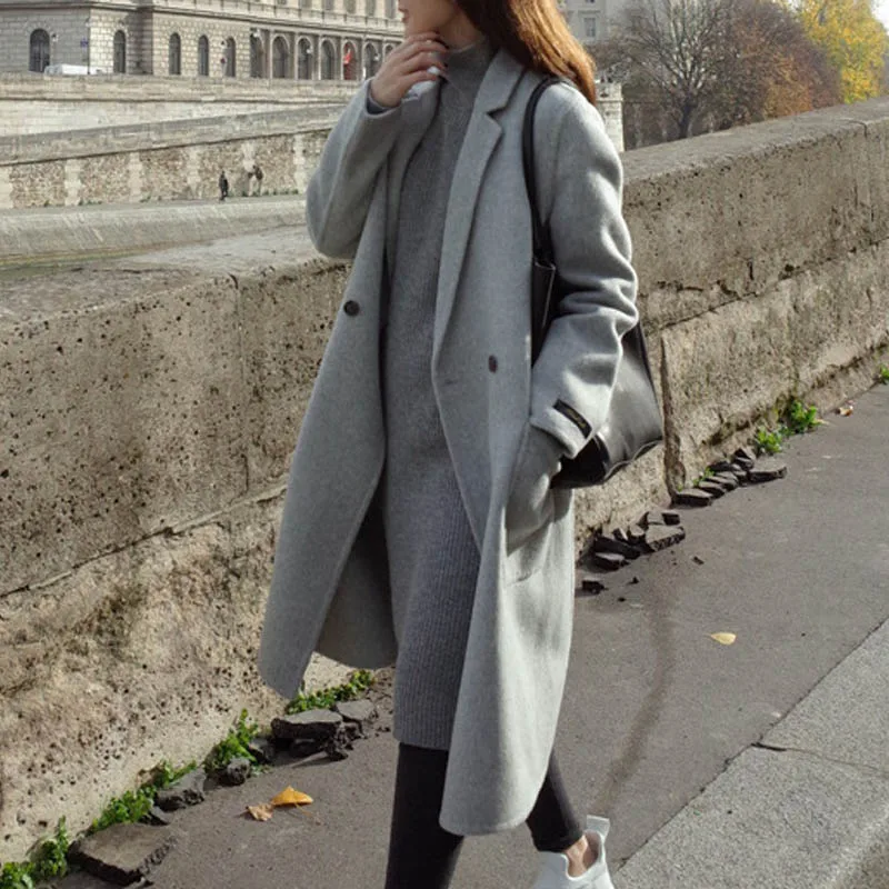 NORMOV новые модные женские осенне-зимние элегантные шерстяные пальто двубортный хлопковый карманы свободный высокий уличный отложной пальто