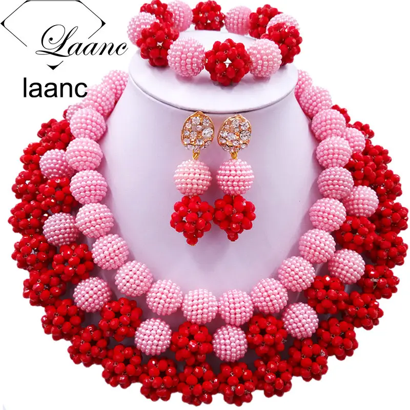 

Laanc Latest African Jewelry Sets 2017 Nigerian Wedding Necklace Red Crystal Beads and Pink Simulated Pearl J3PC011