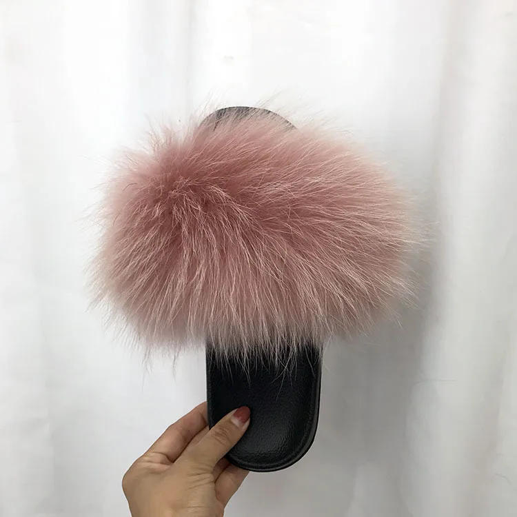 Real Raccoon Fur Slippers Women Sliders Casual Fox Hair Flat Fluffy Fashion Home Summer Big Size 45 Furry Flip Flops Shoes